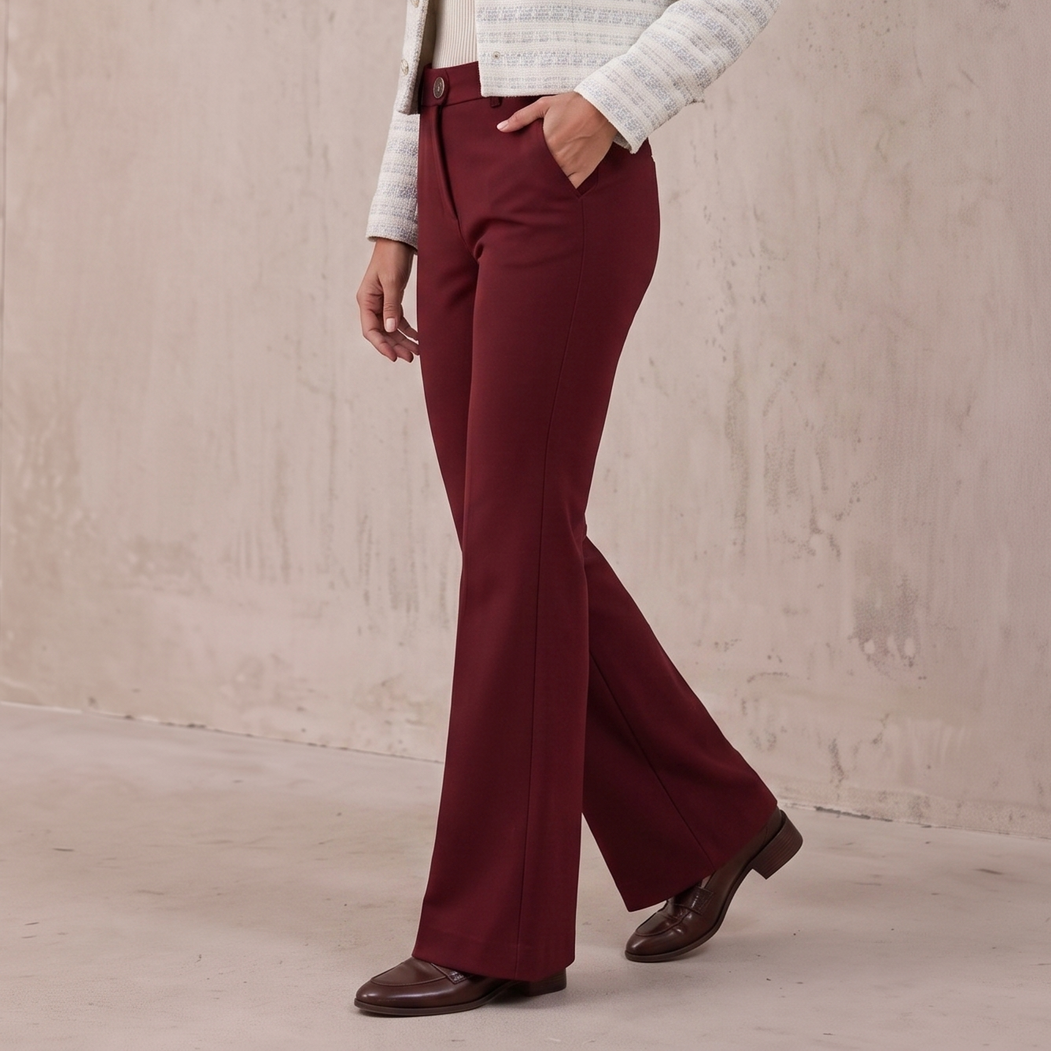 Wool-blend tailored flared trousers for women with high waist and full-length flared legs