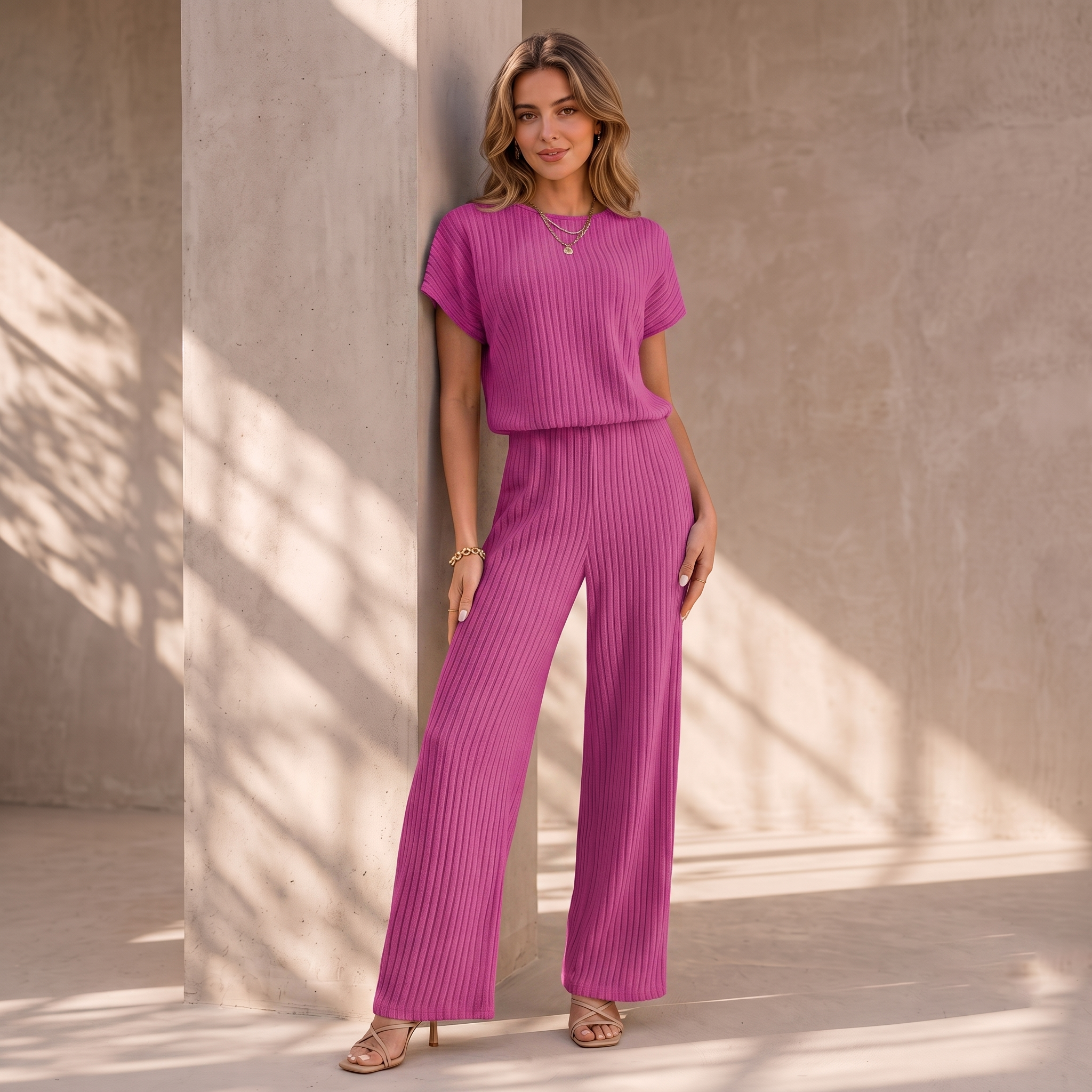 Ribbed Matching Set Wide Leg Women