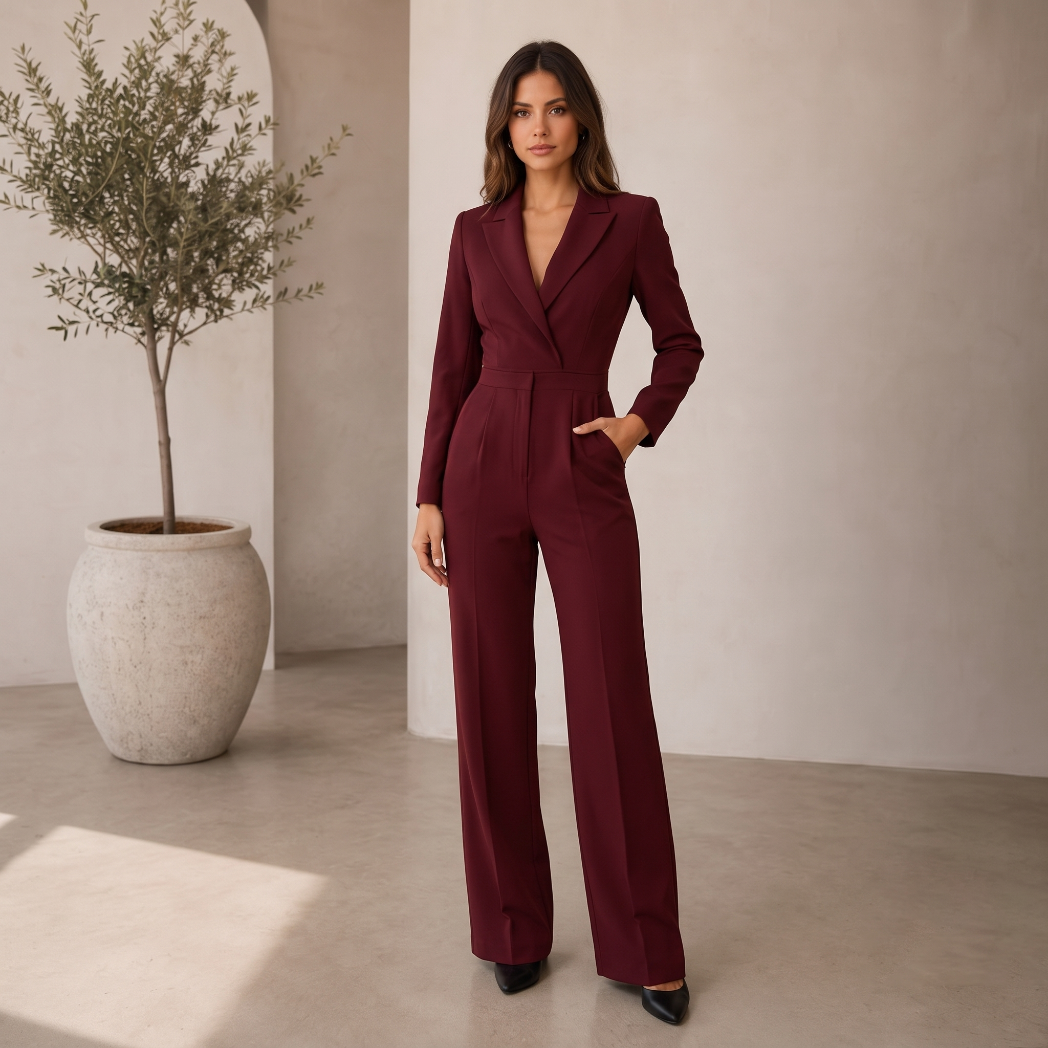 Women's woven long-sleeve jumpsuit with wide-leg silhouette and V-neck lapel