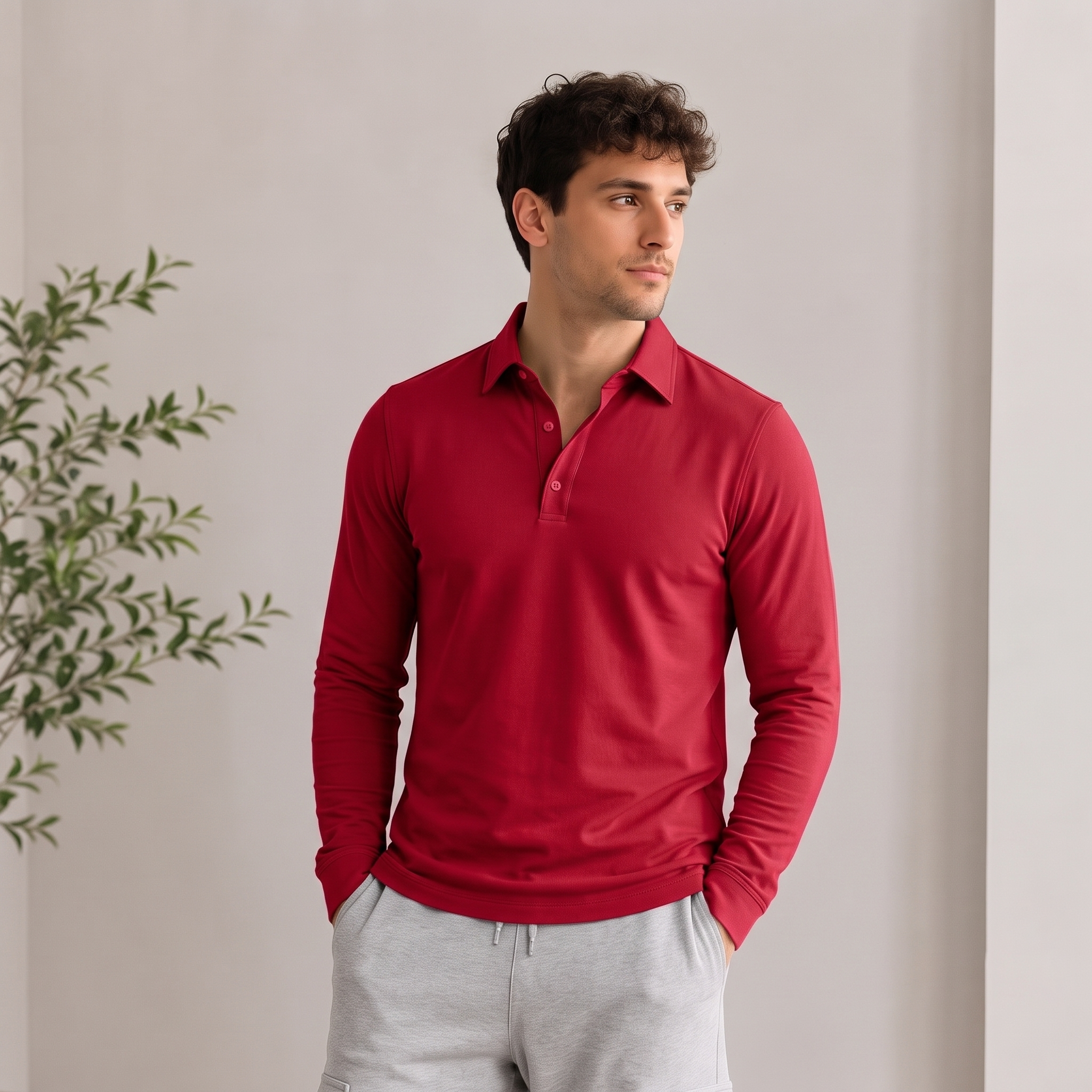 Men's polo shirt featuring a classic polo collar and long sleeves