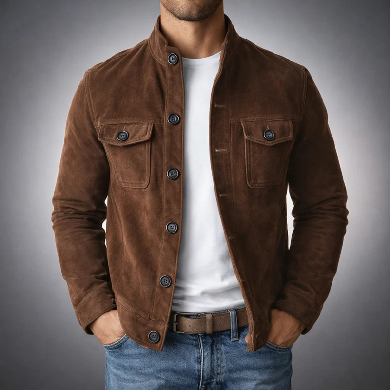 Suede jacket for men with matte finish, button-up front, and flap chest pockets