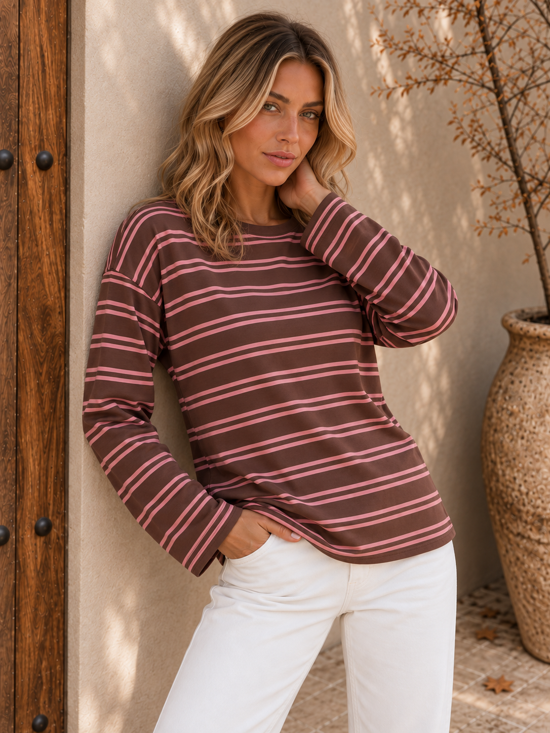 Women's burgundy striped long sleeve tee full view