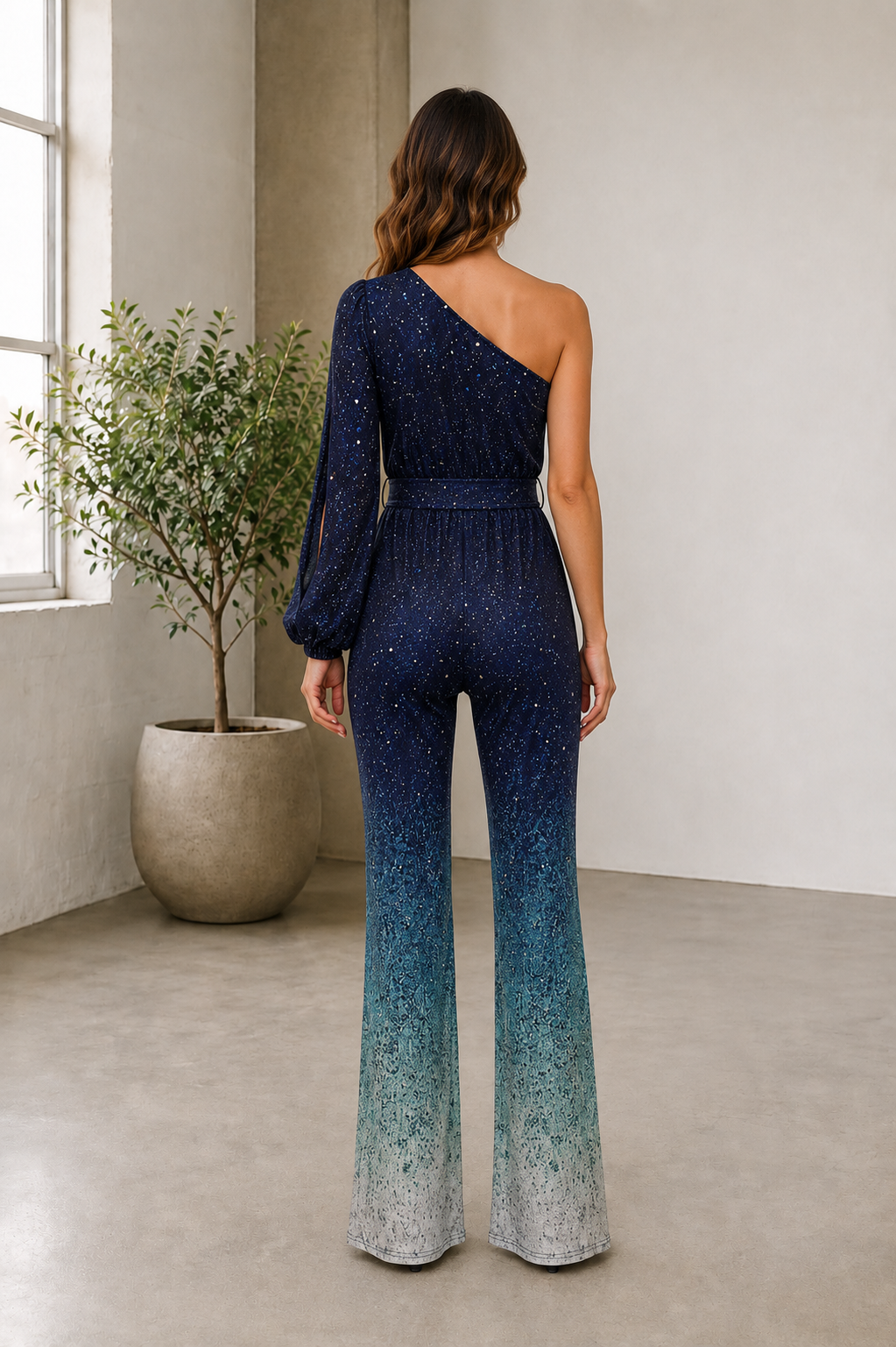 Navy blue one-shoulder sequin jumpsuit women product view