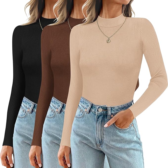 Women's 3-pack ribbed stretch tops with long sleeves and a fitted round neckline
