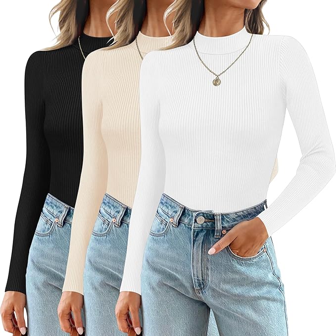 Ribbed long-sleeve women's top with stretch fabric and round neckline, 3-pack set