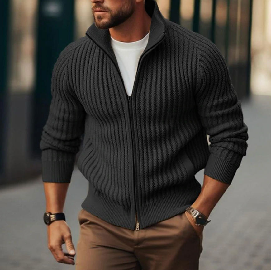 Men's ribbed knit jacket with full-length zipper and high collar, side view