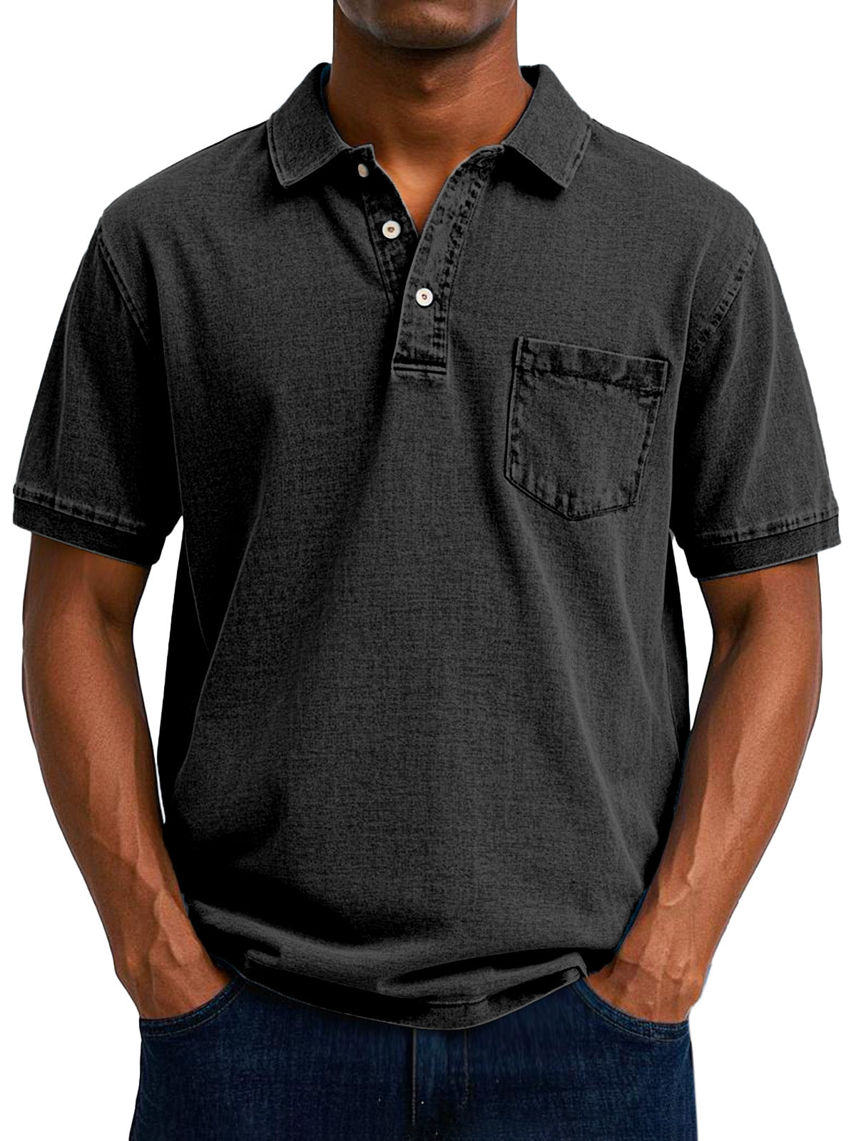 Men's denim polo shirt with chest pocket and short sleeves, straight silhouette