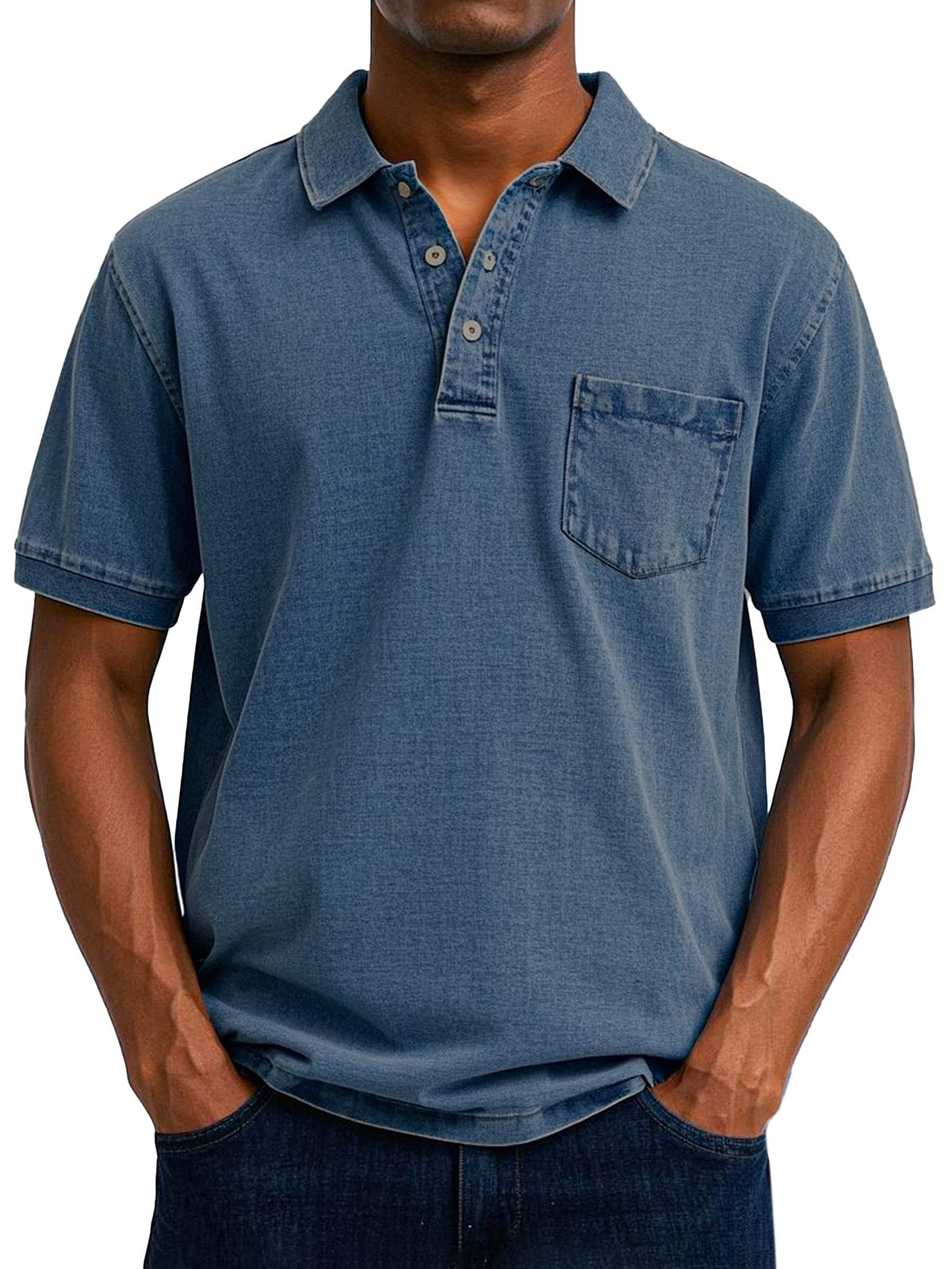 Men's button-up denim polo shirt with polo collar and clean seam construction