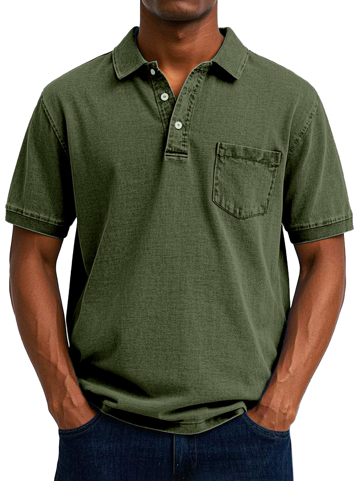 Short-sleeve men's denim polo shirt with front button closure and straight hem