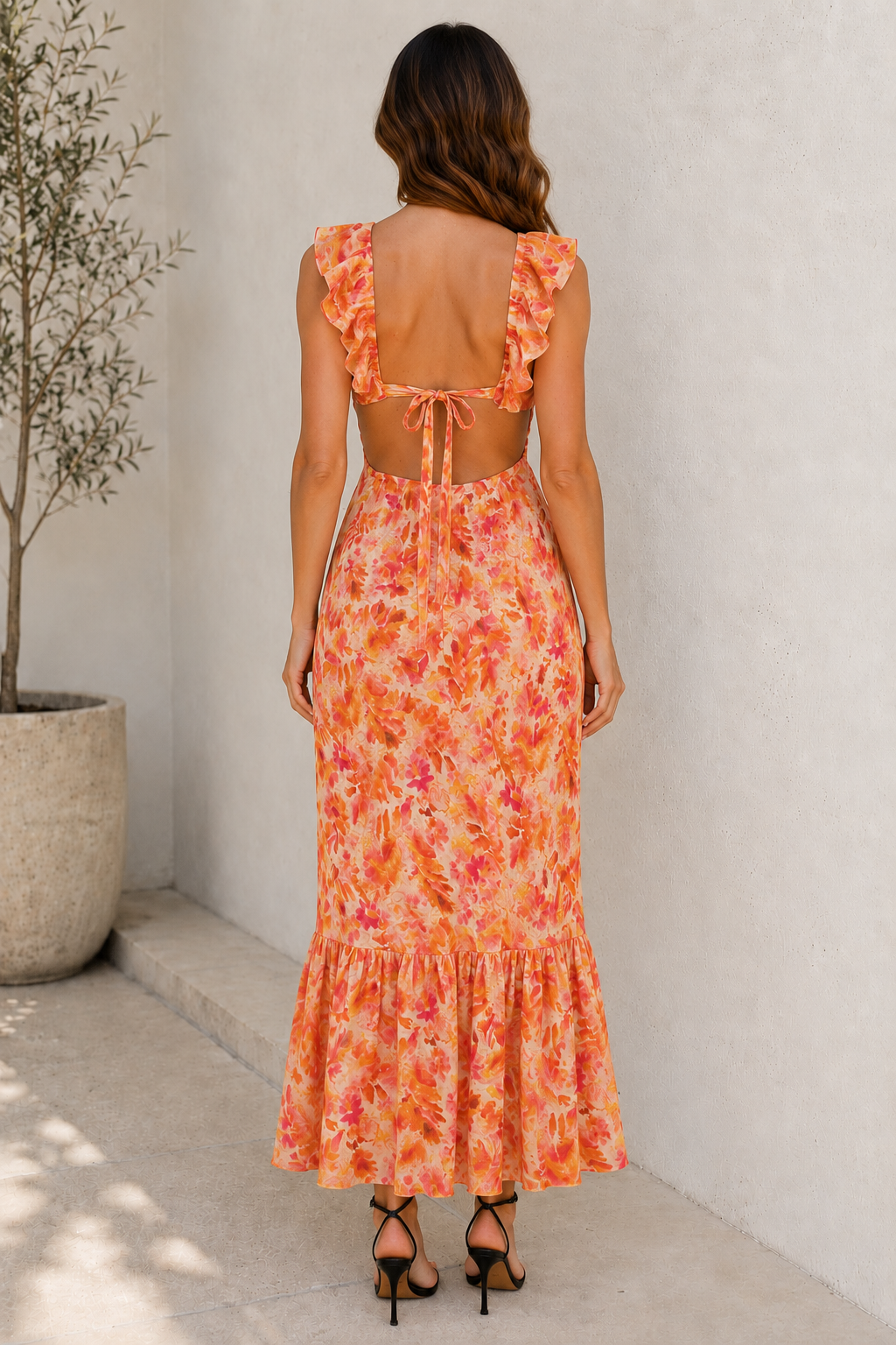 Women's Orange Ruffle V-Neck Maxi Dress Back View