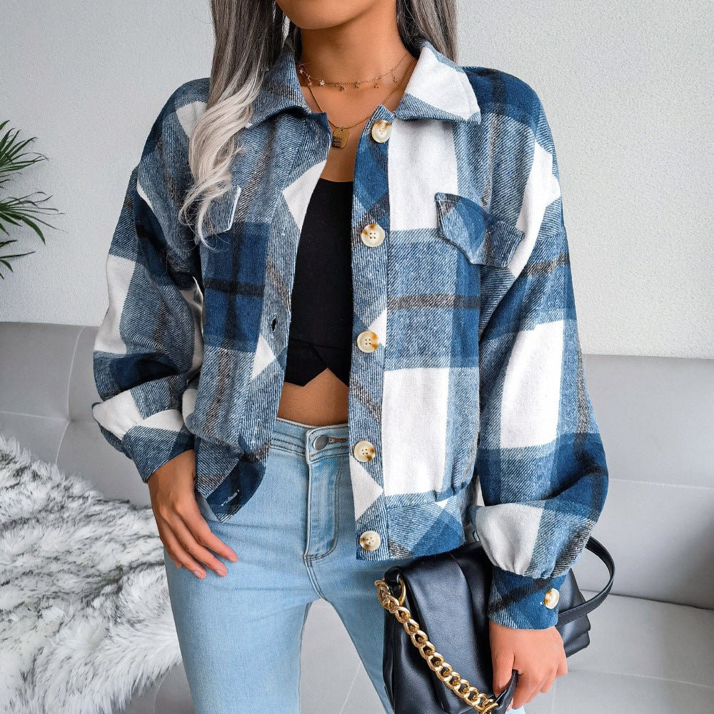 Women's Cozy Plaid Shirt Jacket in a casual everyday style with button closure and chest pocket