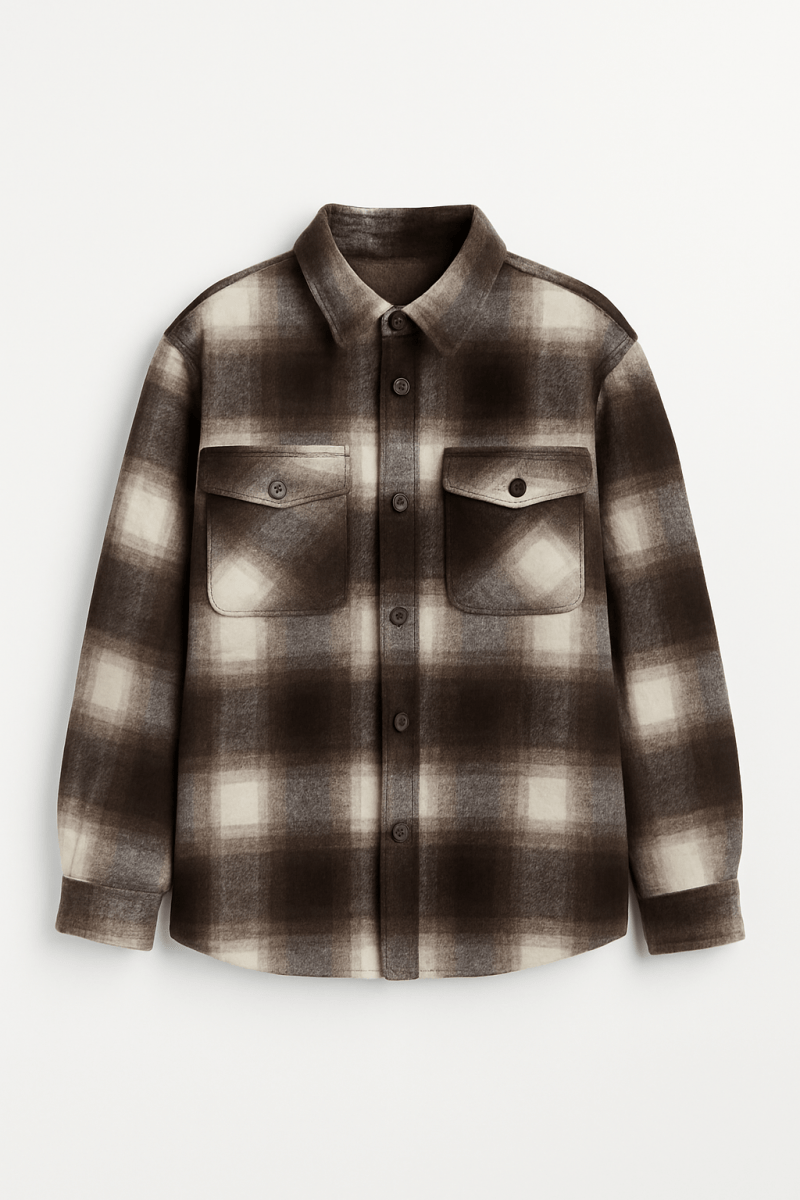 Men's flannel overshirt in a plaid pattern, styled for casual layering over a t-shirt or hoodie