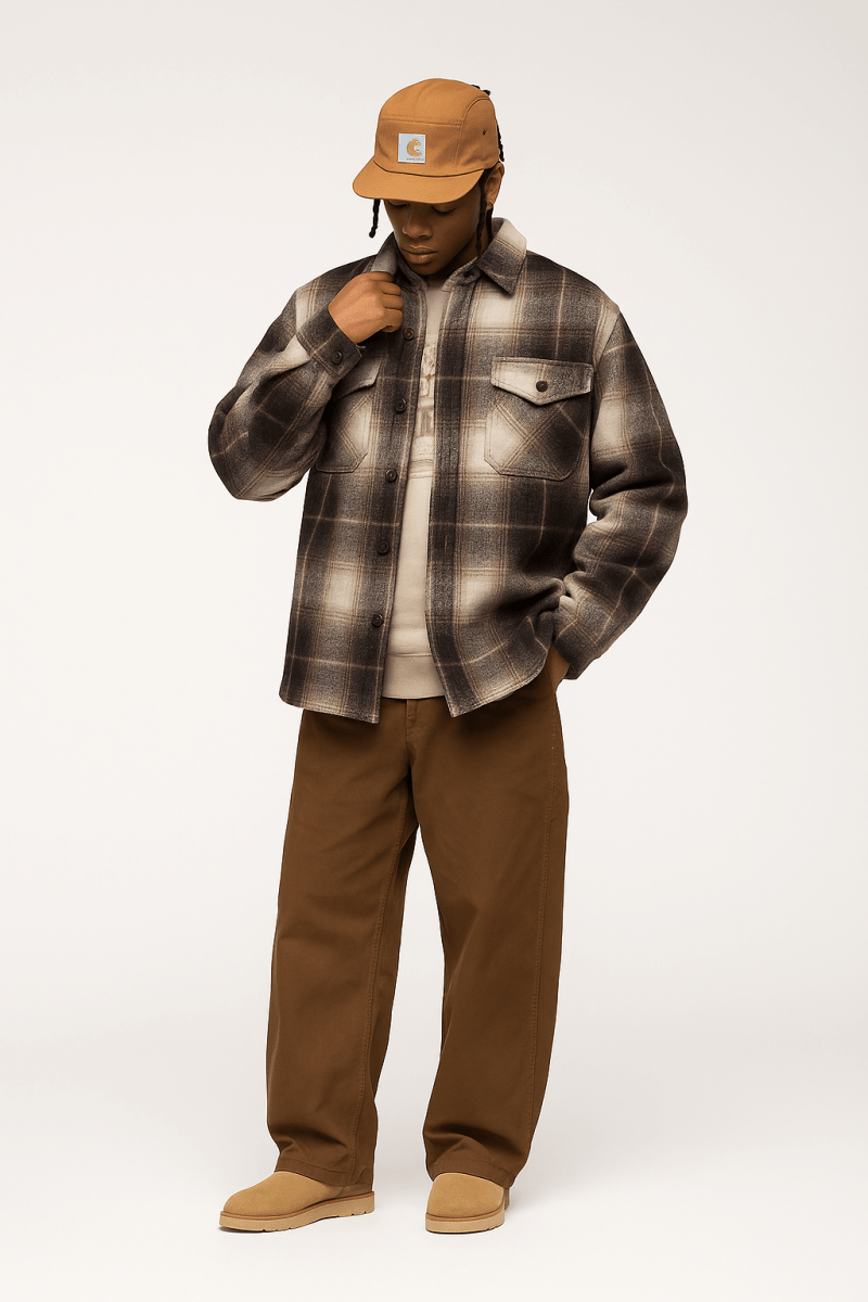 Men's plaid flannel shirt jacket with long cuffed sleeves and relaxed regular fit
