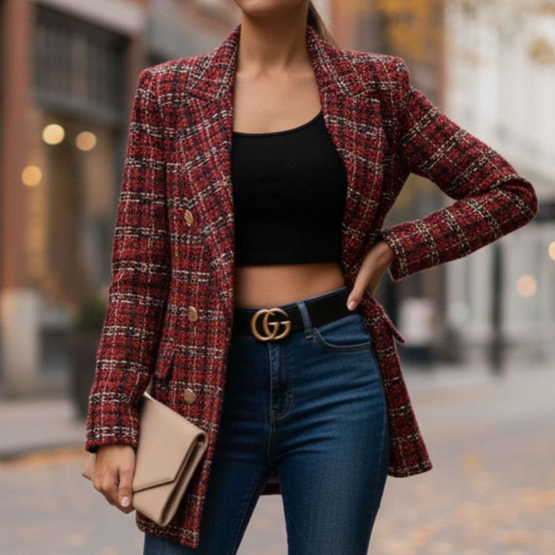 Strukturerad kavaj med rutmönster och dubbelknäppning