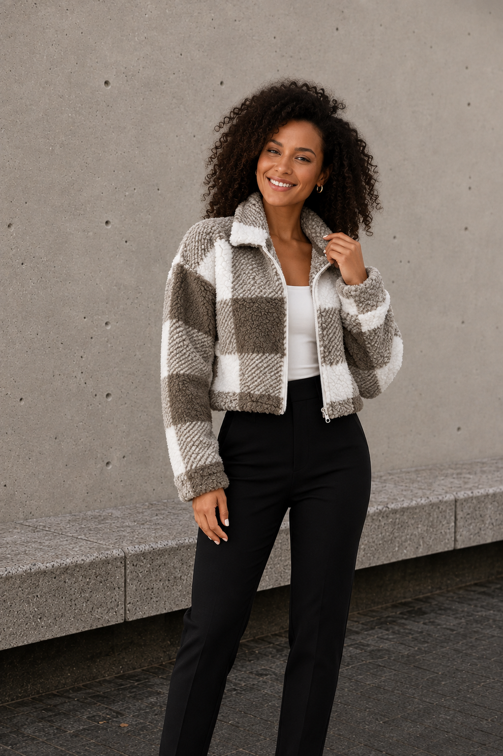 Women's brown sherpa fleece jacket front view