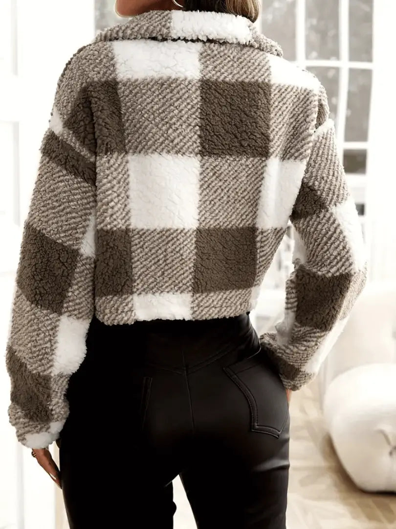 Sherpa fleecejacka med rutigt mönster dam