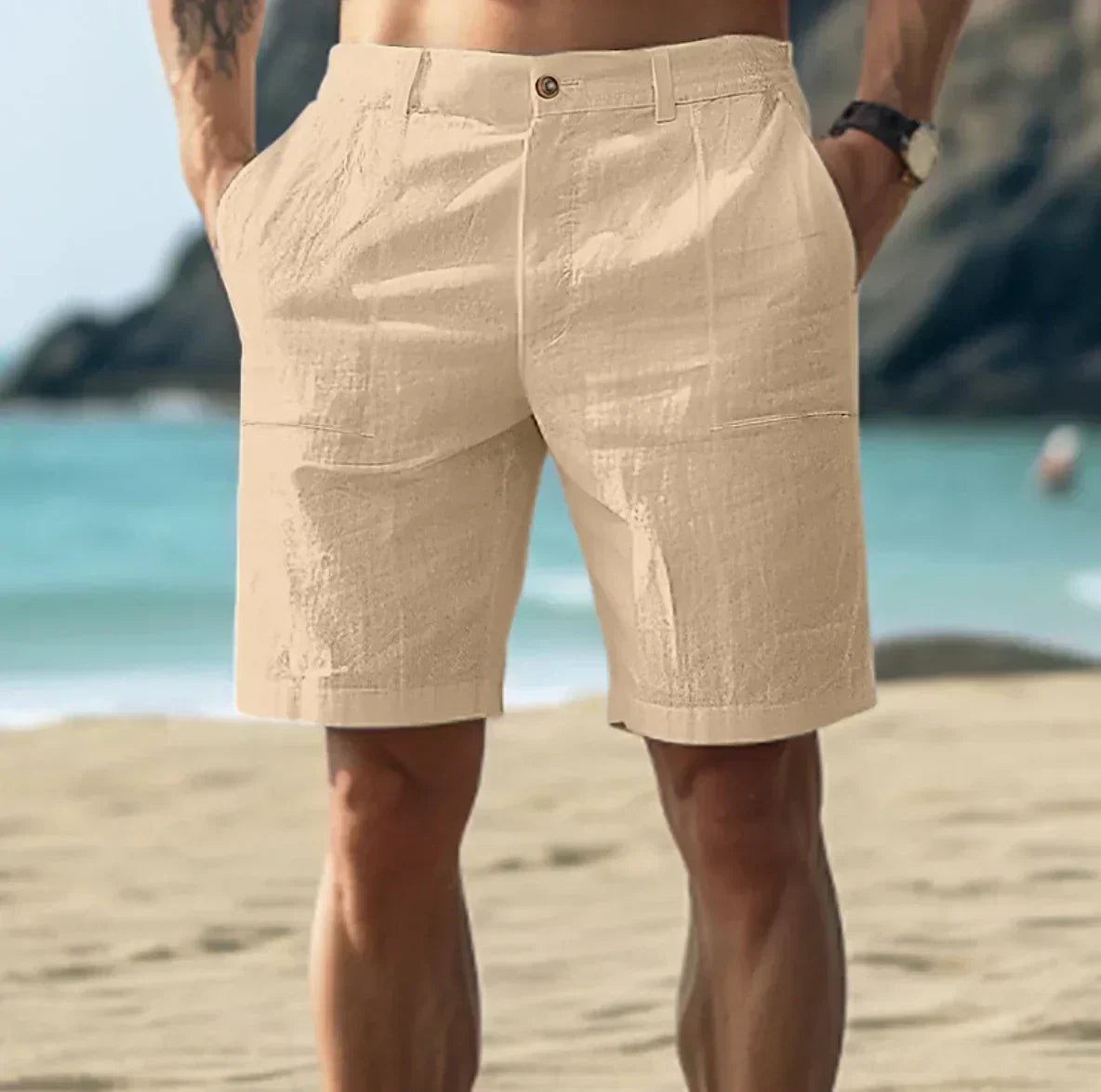 Men's beige summer chino shorts with relaxed fit and side pockets