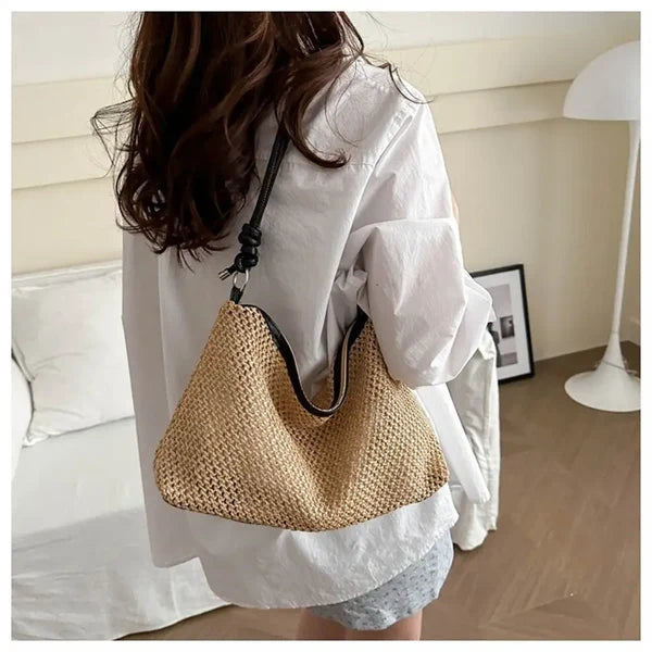 Khaki braided shoulder bag styled with casual outfit
