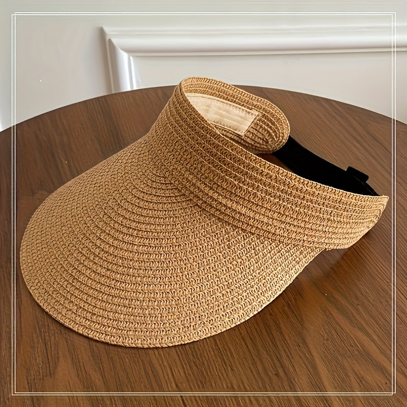 Woven sun visor with structured curved brim and open crown, adjustable fit