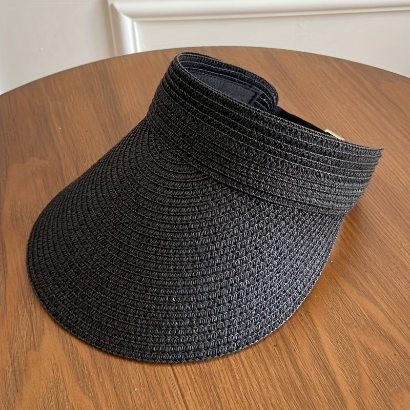 Woven visor with structured wide brim and open crown, adjustable back strap