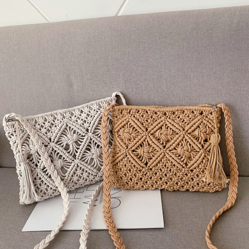 Compact rectangular woven bag with open top and braided shoulder strap