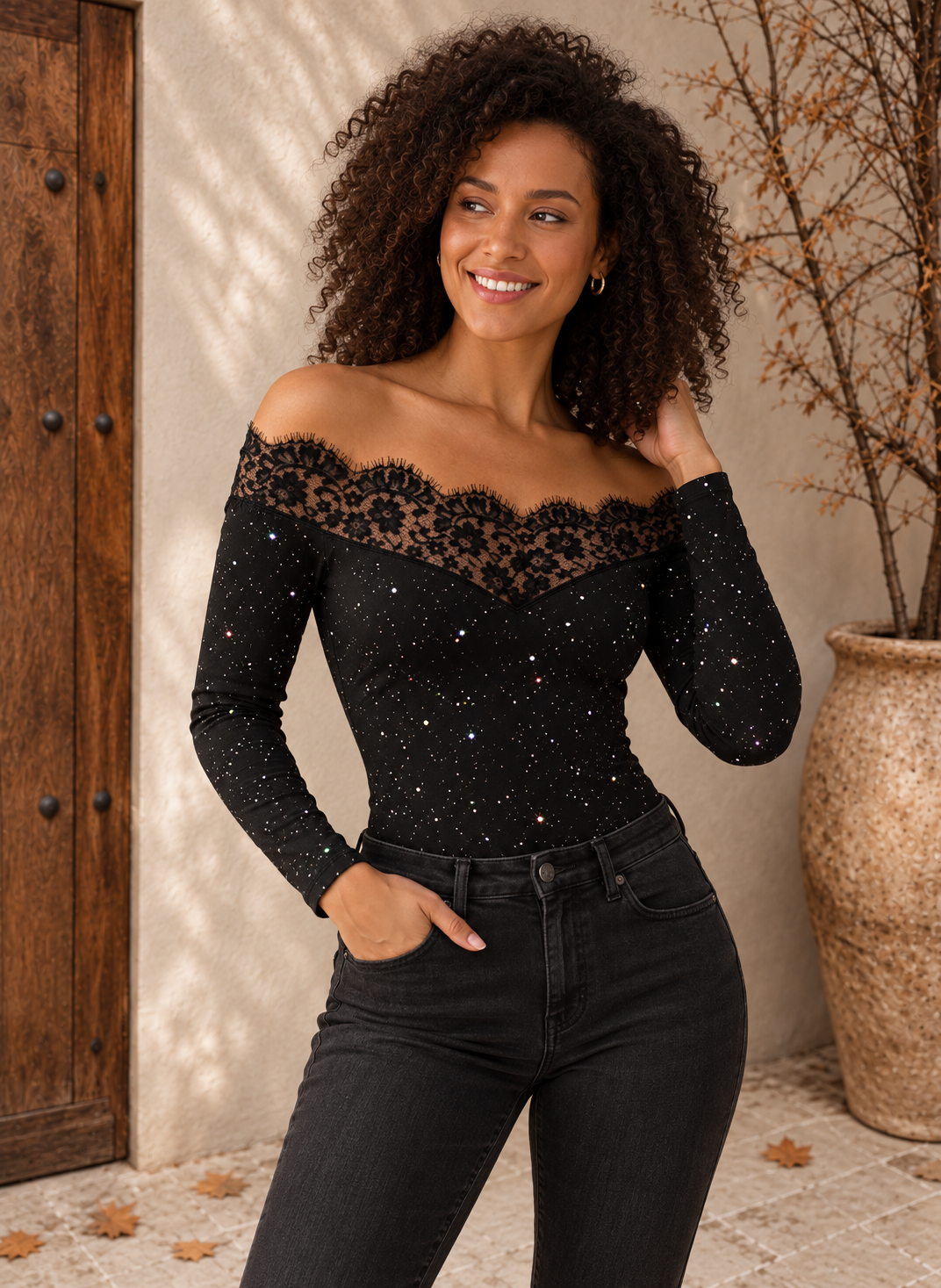 Black glitter off shoulder lace top for women – front view
