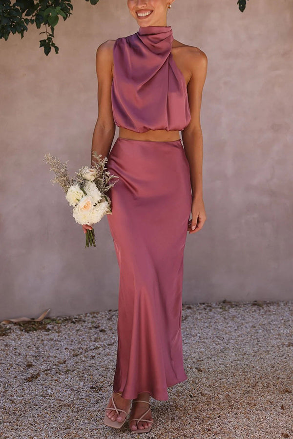 Fitted satin halter top and high-waisted maxi skirt set for women