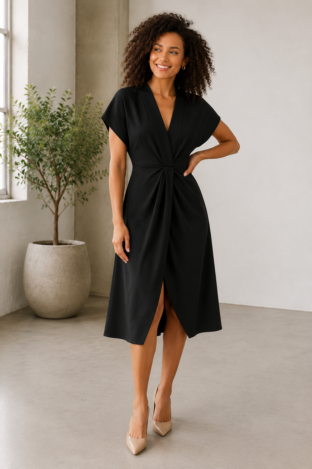 Women's V-neck midi dress with short sleeves, gathered waist, draped front, and front slit in midi length