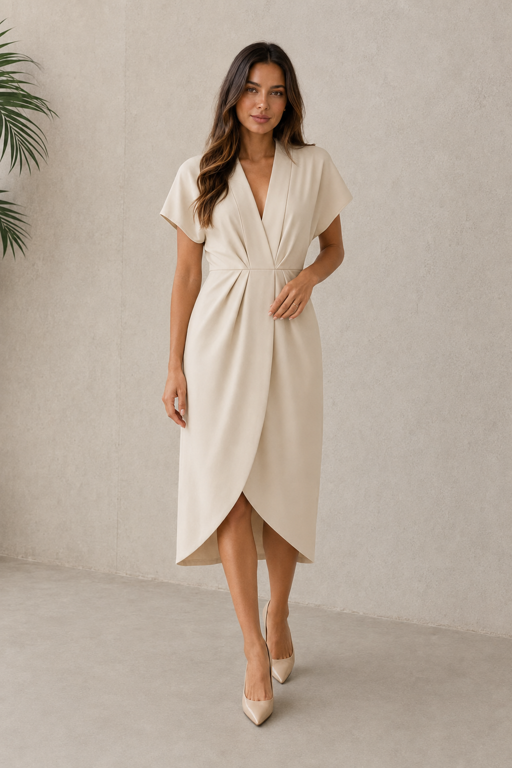 V-neck midi dress for women with short sleeves, wrap-style draped front, gathered waist, and front slit