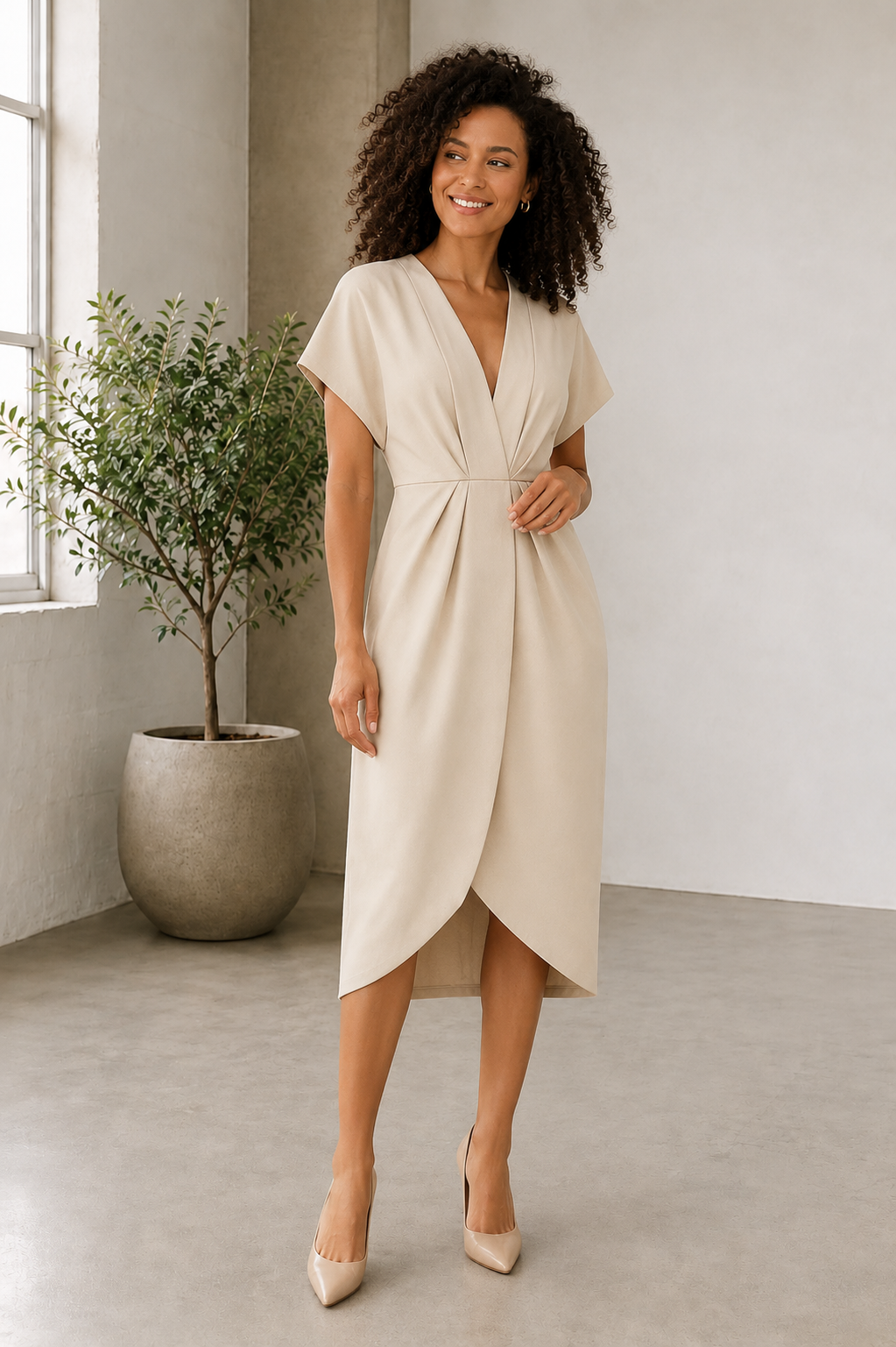 V-neck midi dress for women with short sleeves, wrap-style draped front, gathered waist, and front slit