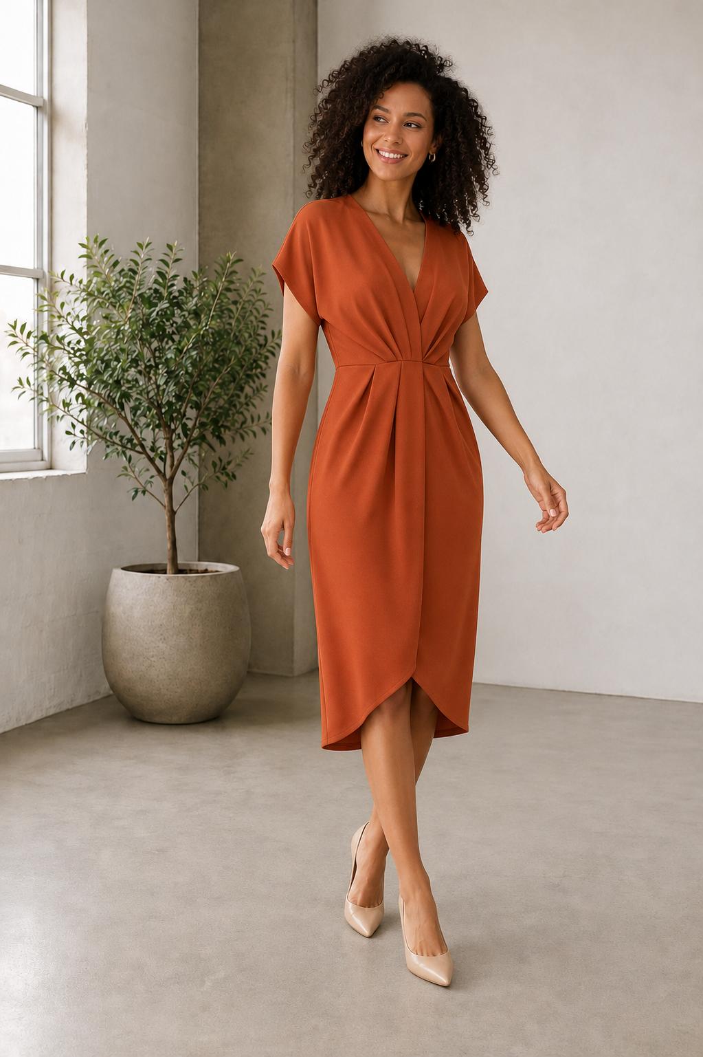 Draped Midi Dress V Neck Women