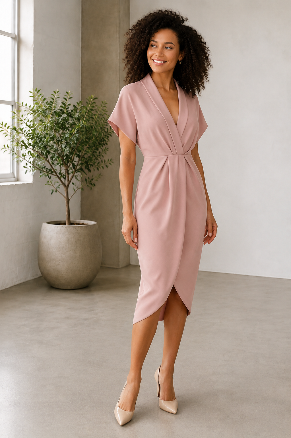 V-neck women's midi dress with short sleeves, front slit, draped front detail, and defined gathered waist