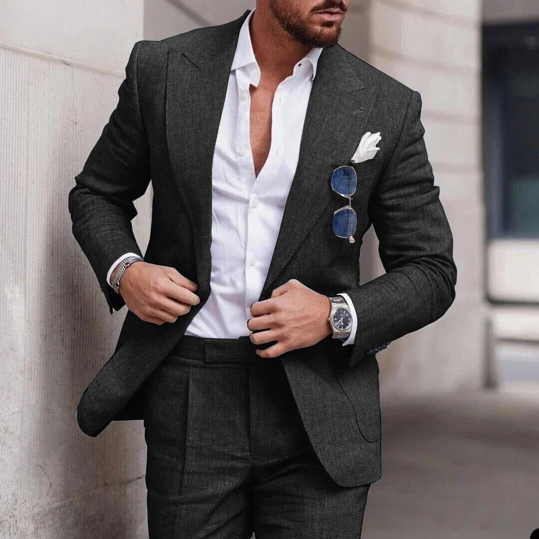 Men's nylon blend blazer rear view showing tailored back seam and hip-length cut