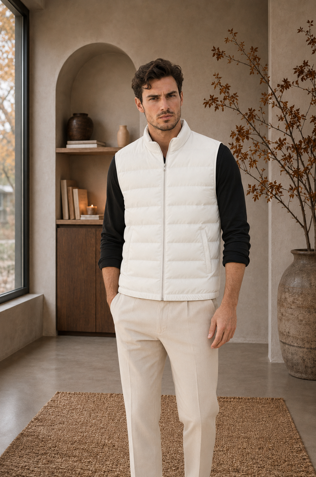 White lightweight down puffer vest front view