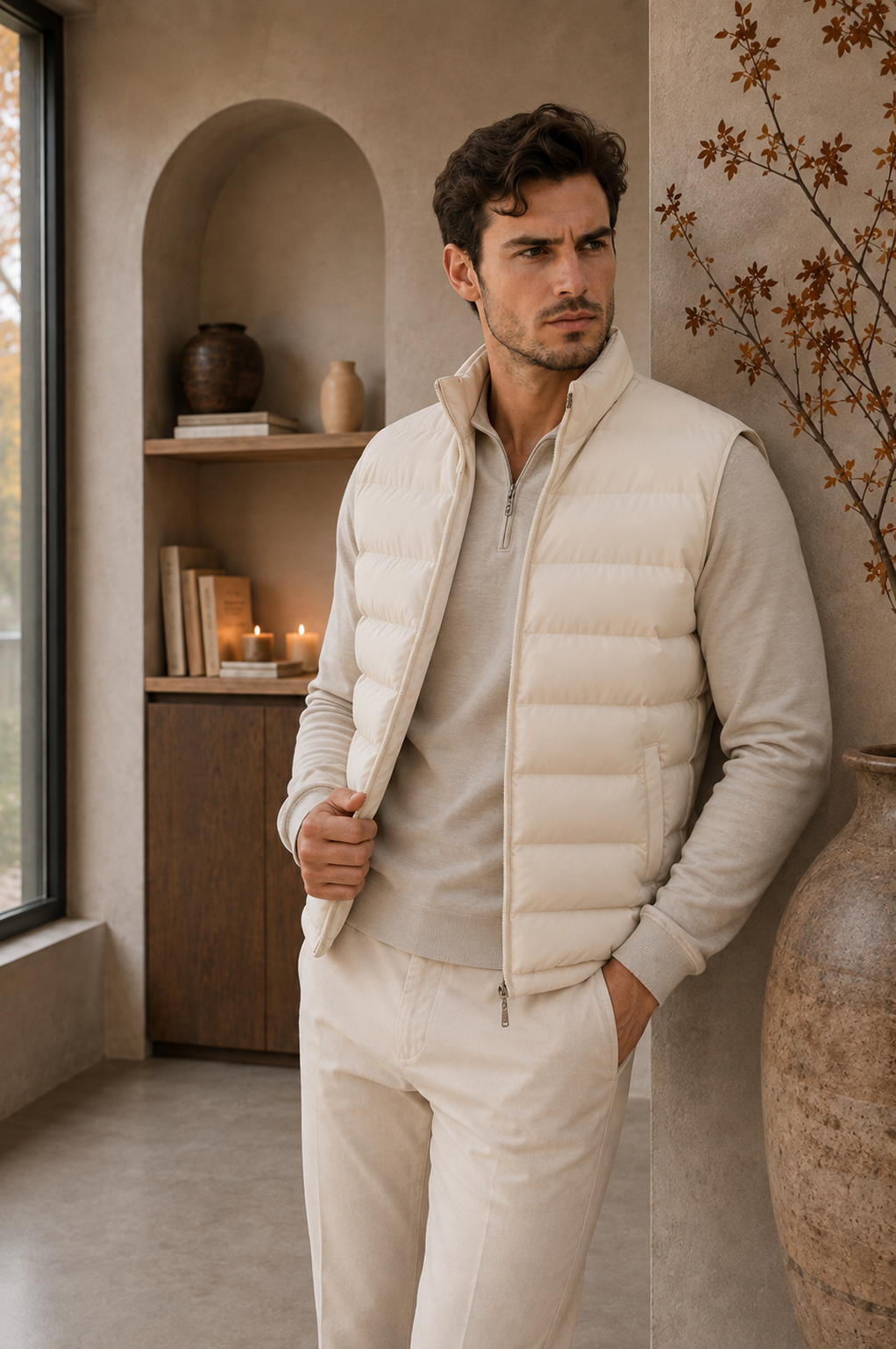 Men's beige lightweight down puffer vest