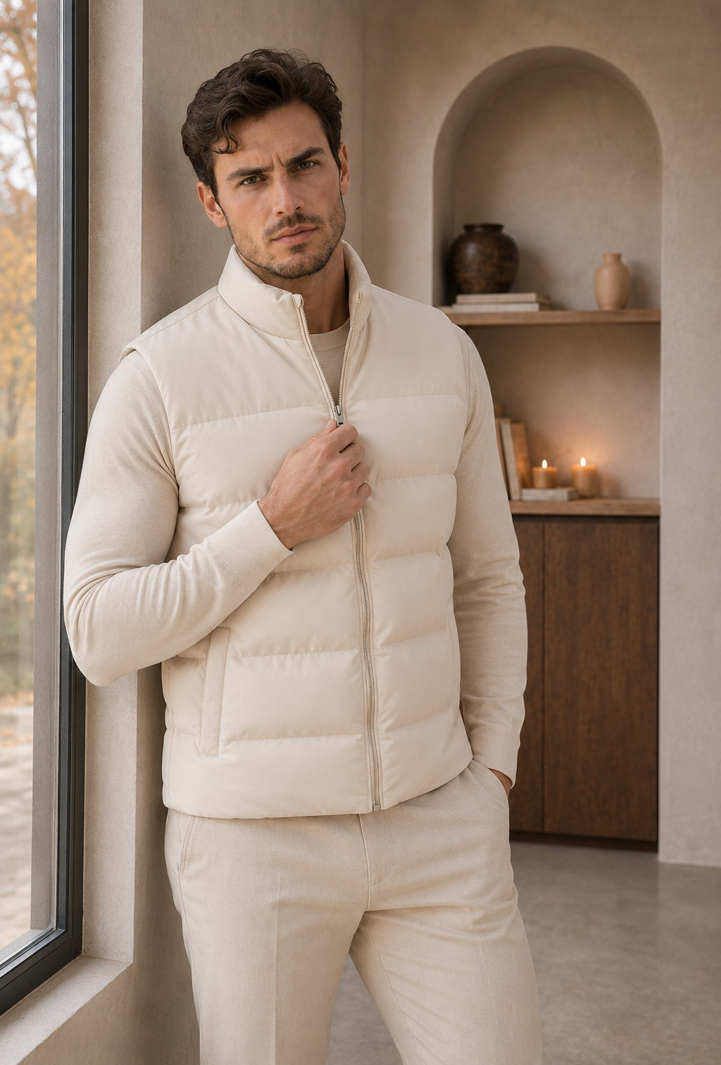 White insulated puffer vest close-up