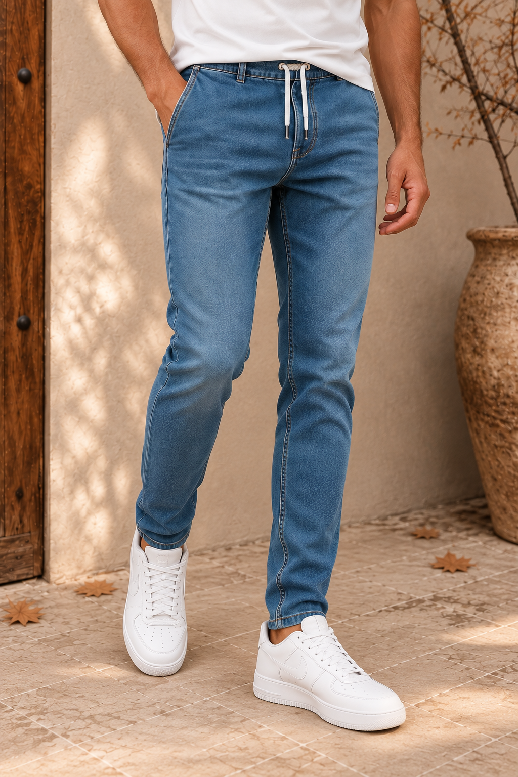Men's mid-blue slim-fit jeans with drawstring waist and slanted pocket, close-up