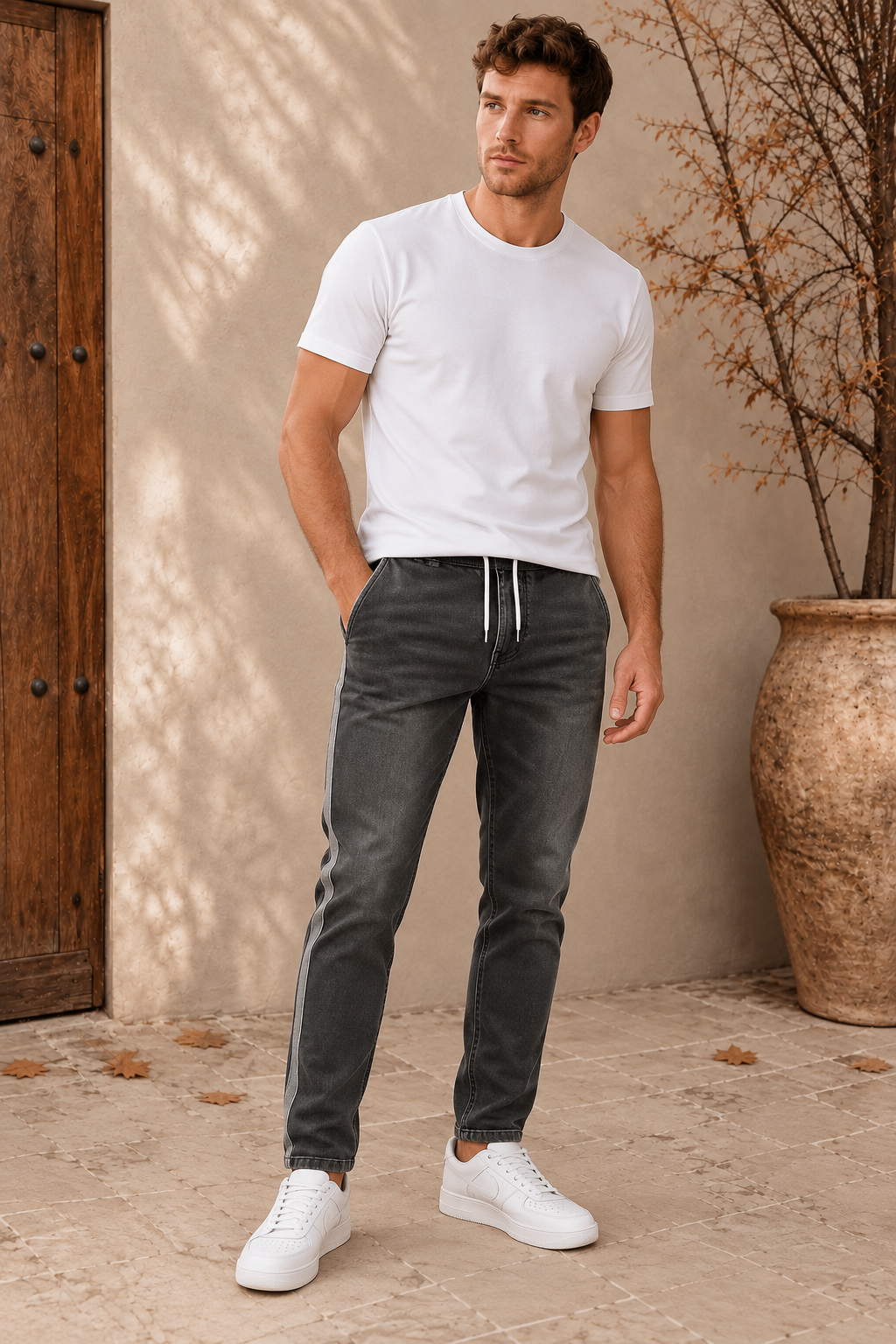 Men's washed charcoal slim-fit jeans with white drawstring and side stripe, full-length view