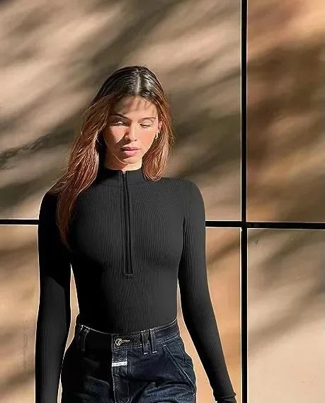 Body-hugging long-sleeve bodysuit with front zipper and ribbed texture, women's everyday shapewear