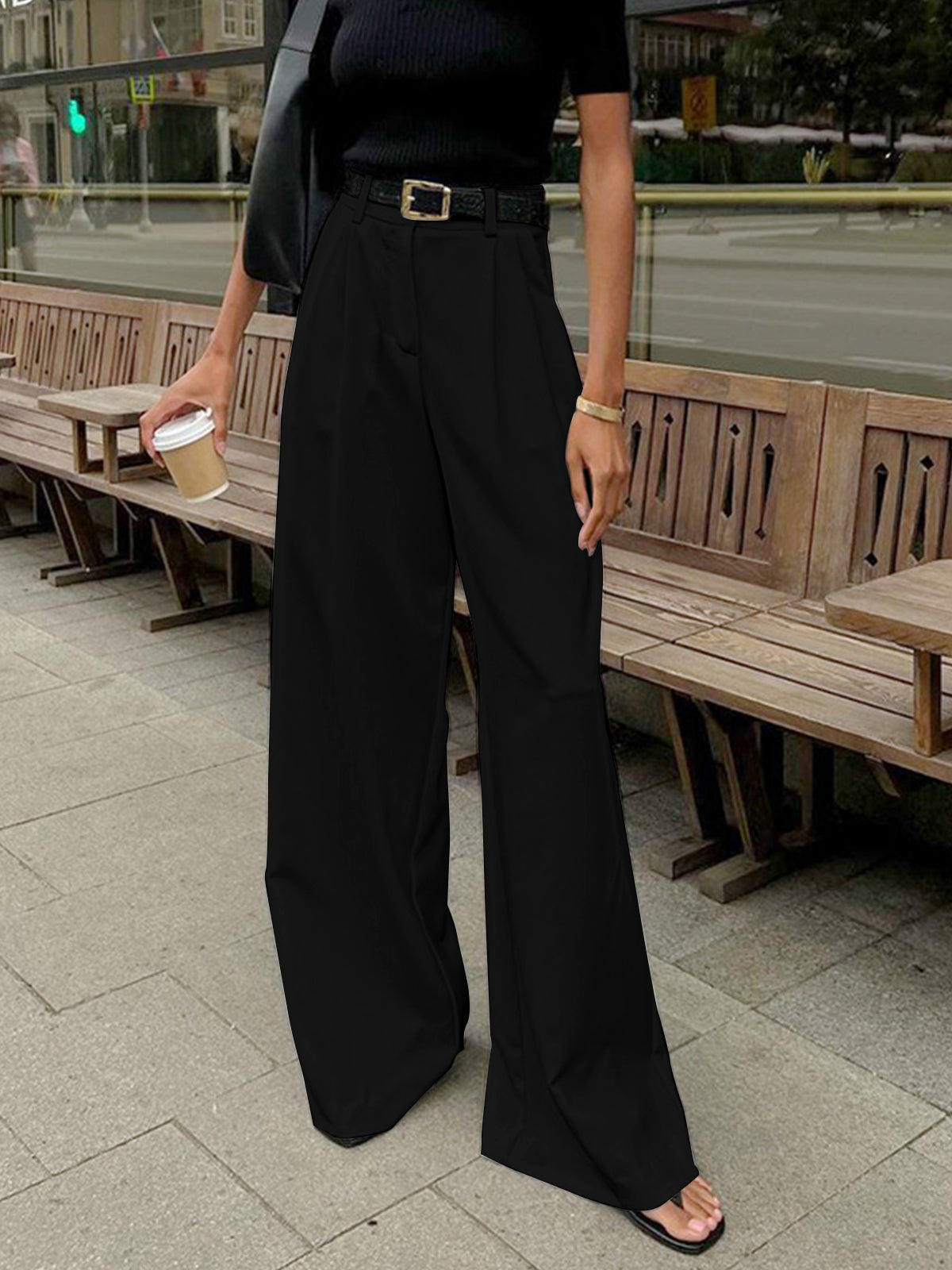 Women's wide-leg trousers, side profile showing full silhouette