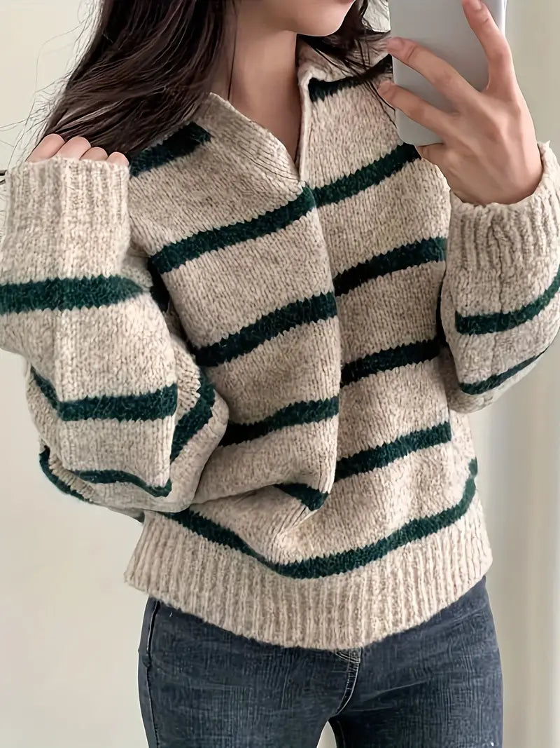 Women's knitted striped sweater with turn-down collar, soft polyester blend, casual everyday style
