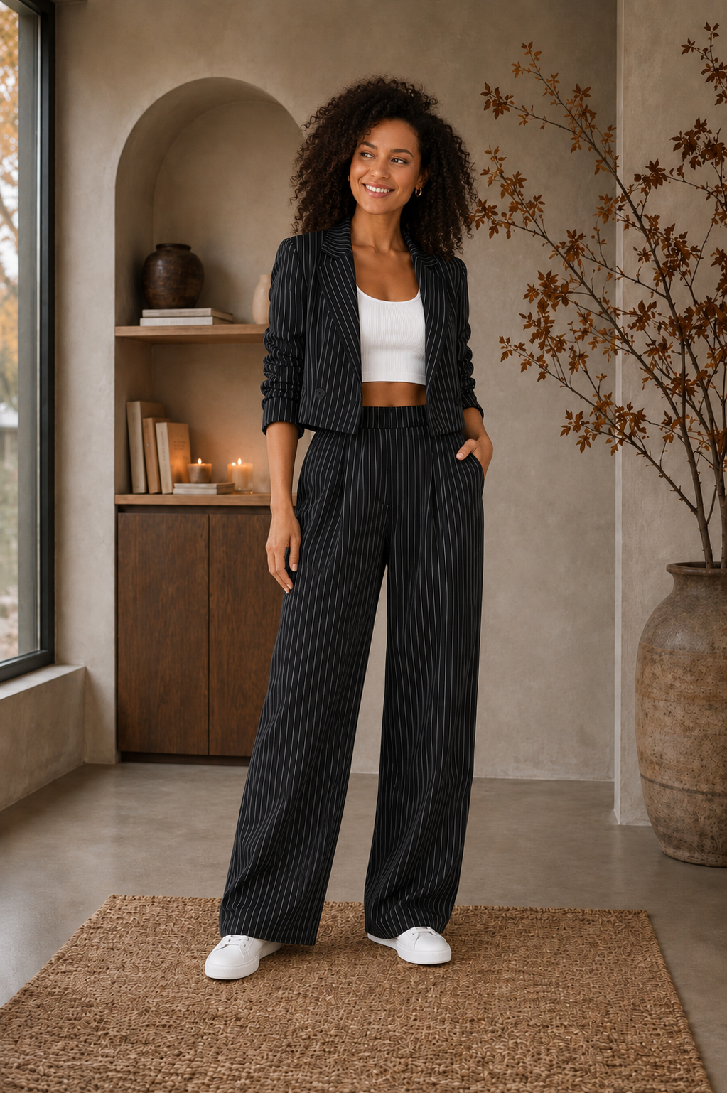 Women’s black pinstripe two-piece set full-length front view