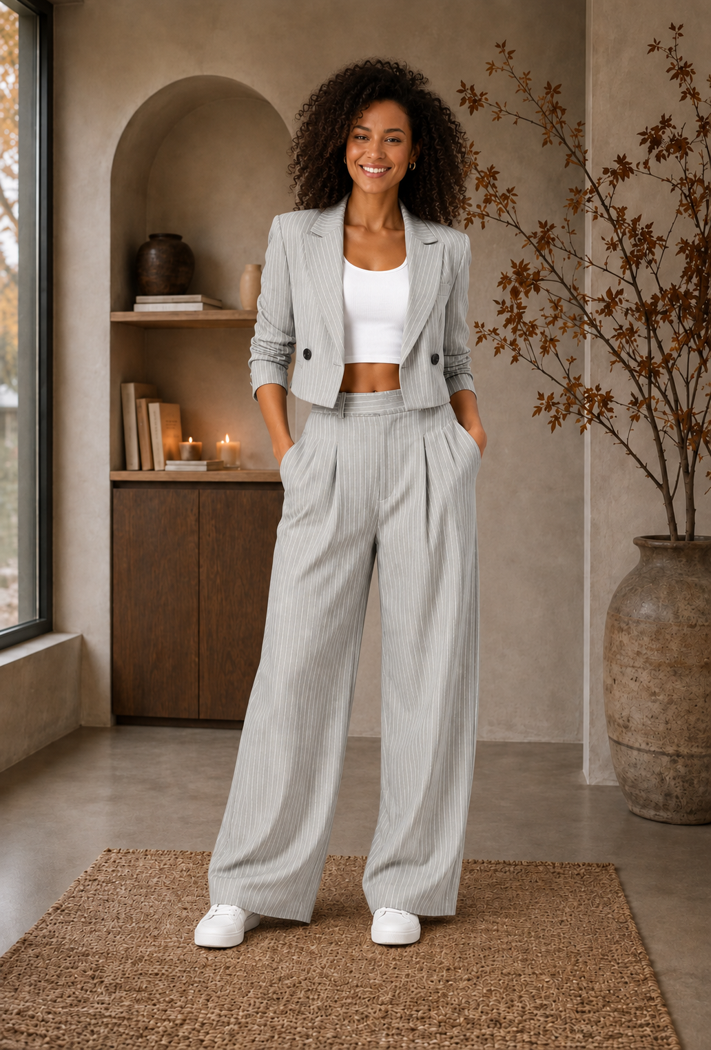 Women’s grey pinstripe matching set with cropped blazer and straight-leg trousers