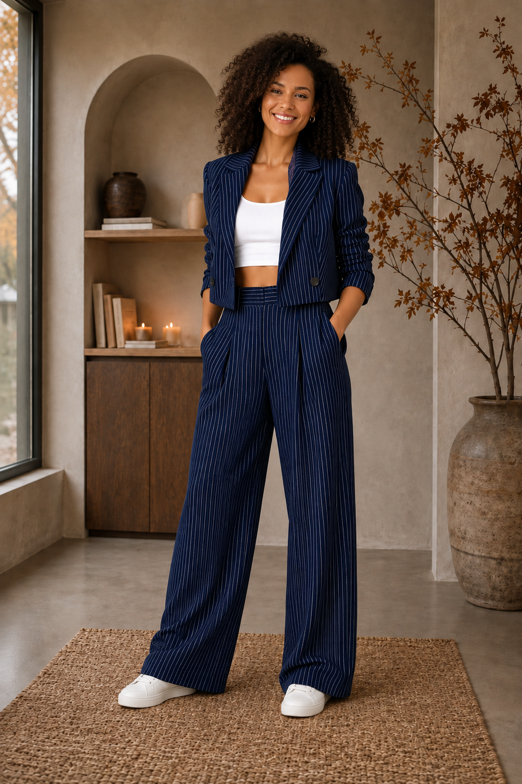 Women’s sapphire blue pinstripe matching set with cropped blazer and straight-leg trousers