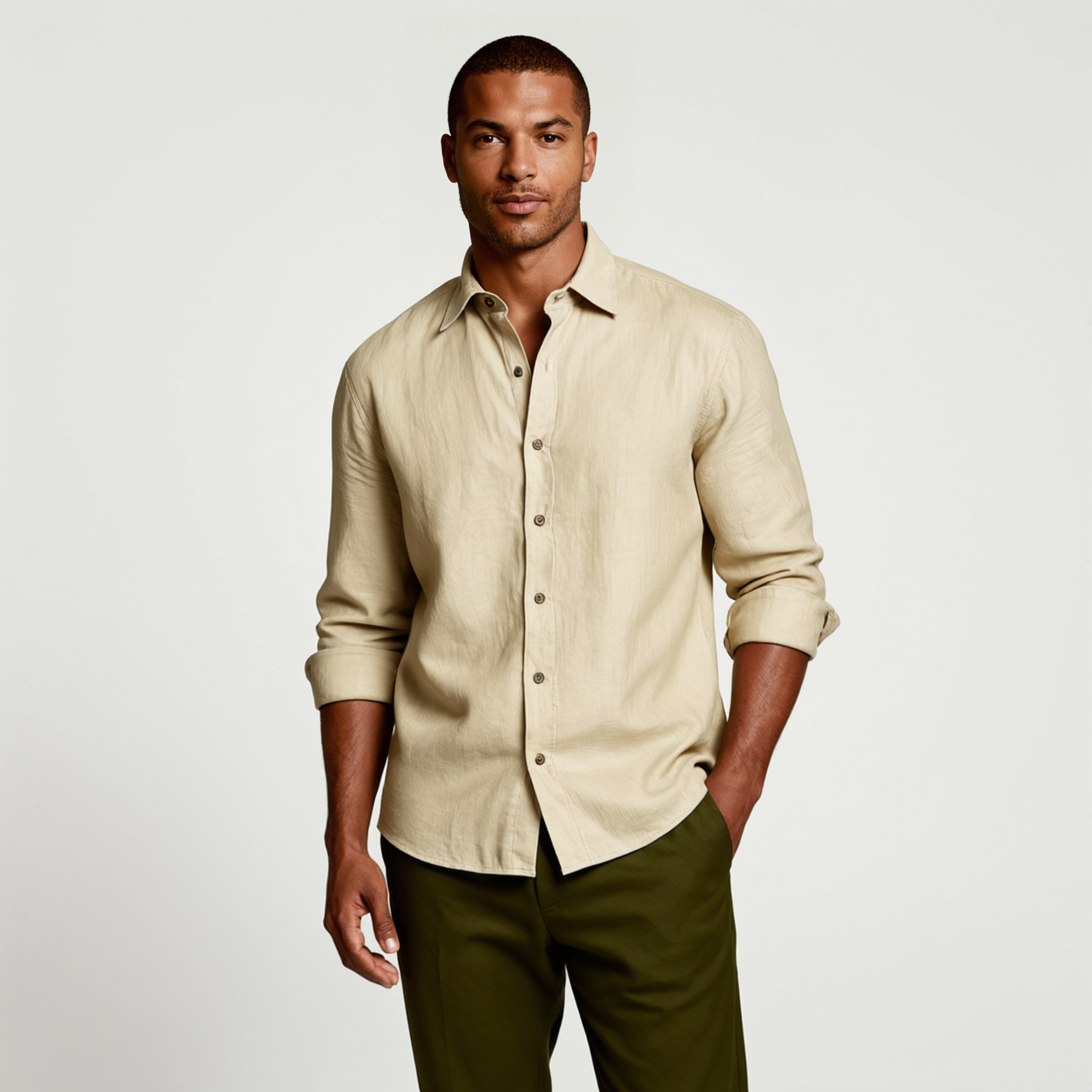 Long-sleeve men's linen shirt with front button placket and rounded hem