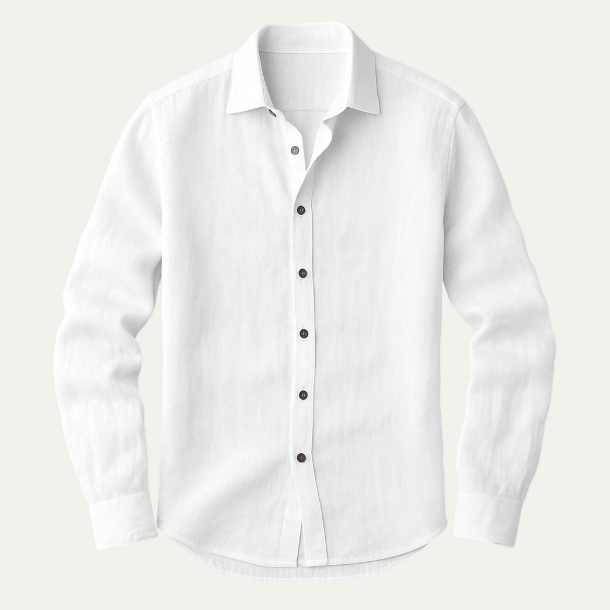 Men's linen button-up shirt with long sleeves and natural woven texture