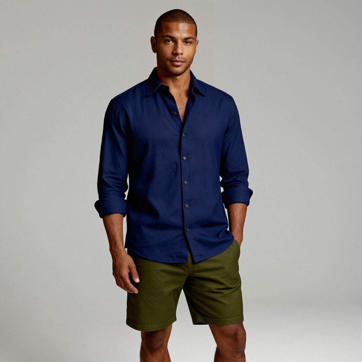 Long-sleeve men's linen shirt with natural woven texture and standard length