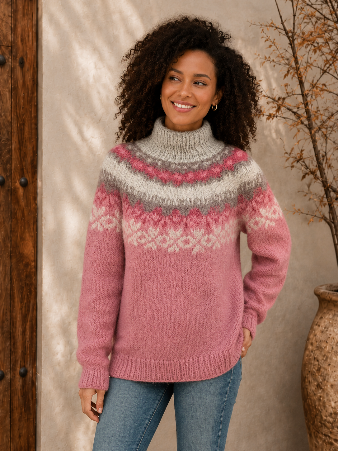 Nordic knit sweater women pink patterned front view