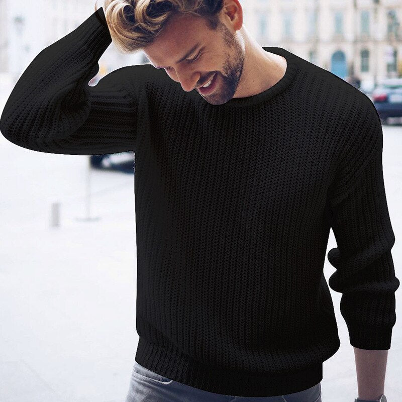 Men's relaxed-fit chunky knit sweater with ribbed hem, back view
