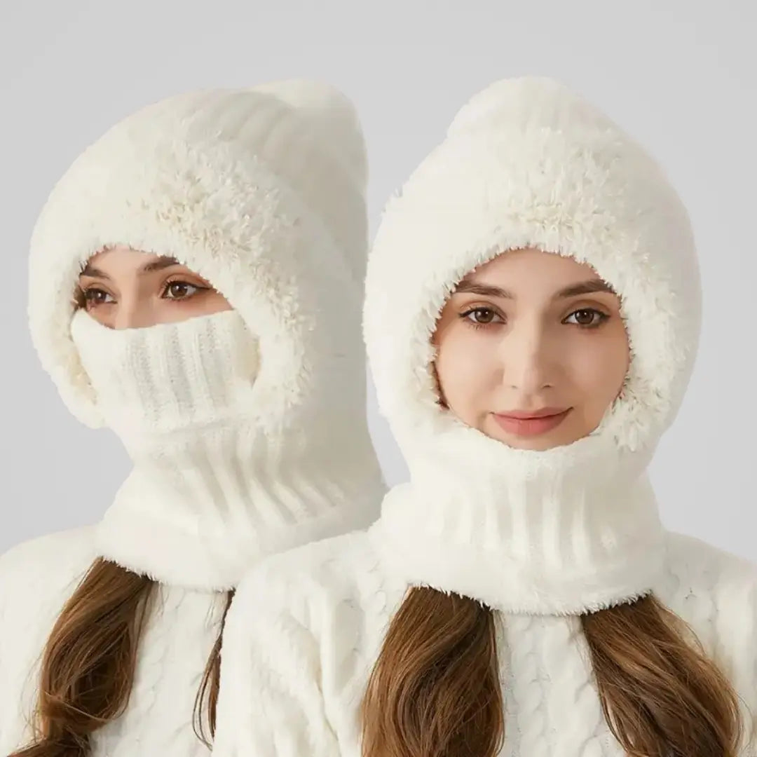 Ribbed knitted balaclava for women with plush interior lining, side angle view